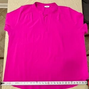 Entro Pink Split Neck Short Sleeve Blouse with Pleated Accents, Size 2XL